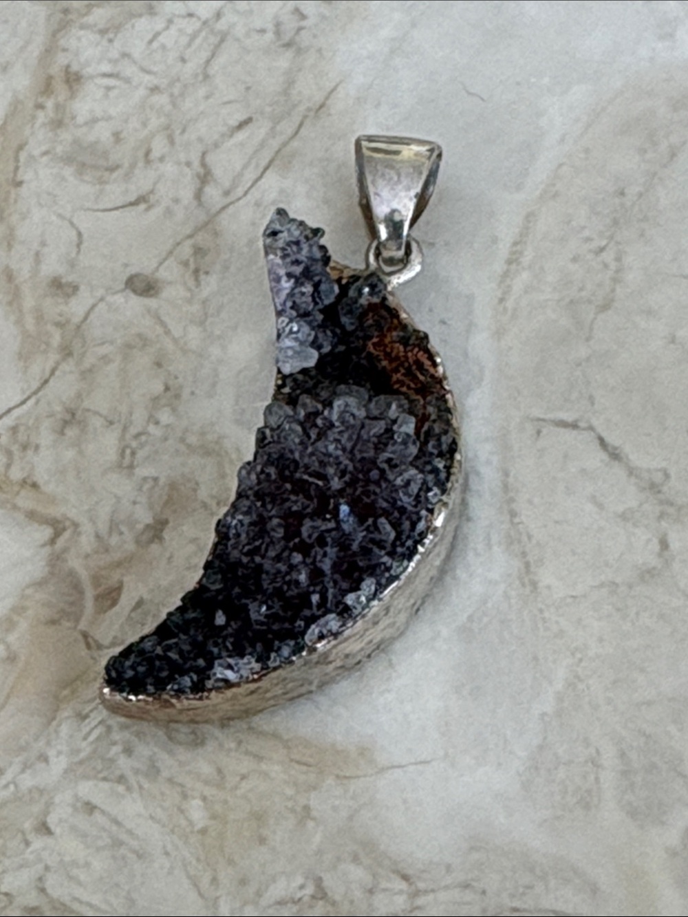 Handcrafted Sterling Set Amethyst Druzy Crescent Moon Pendant